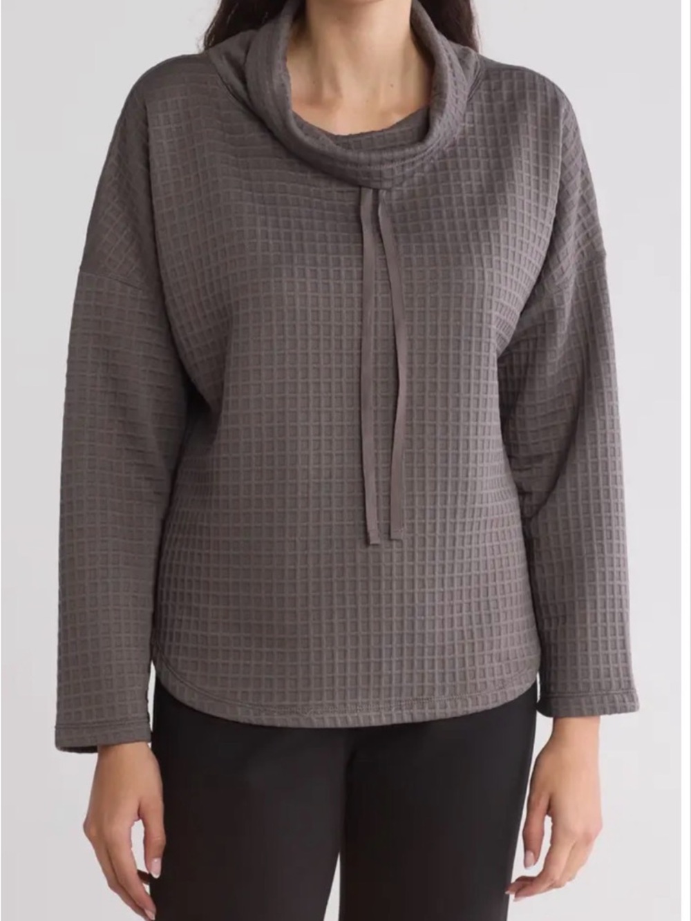 Waffle Knit Funnel Cowl Neck Sweater Gray Light Soft Cozy Fall Pullover Small S